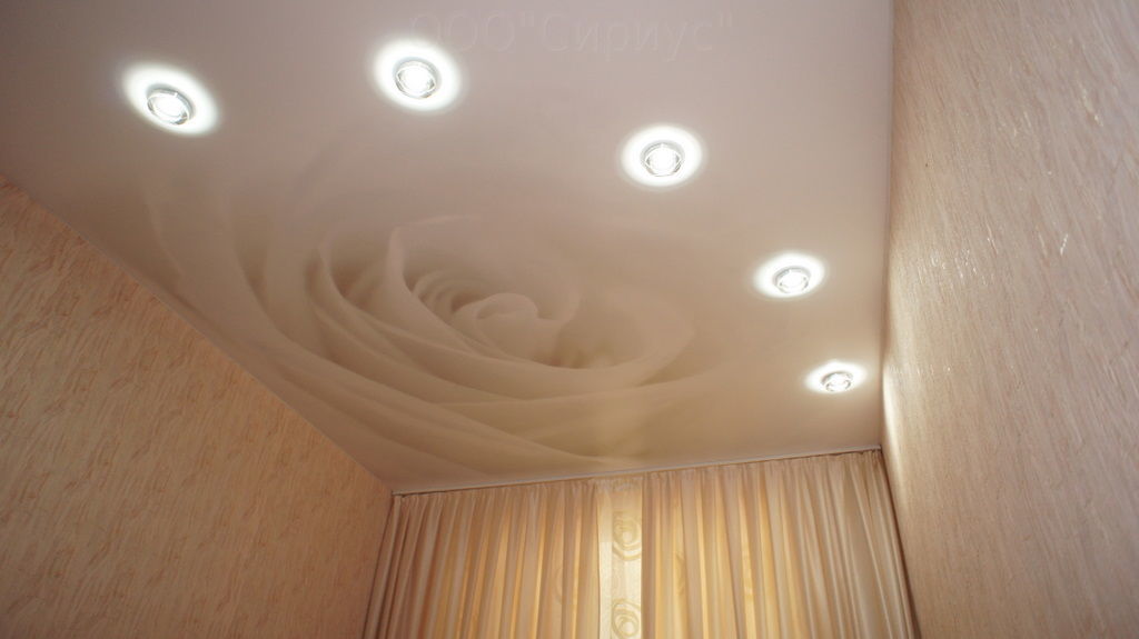 Точечные встроенные светильники на ПВХ-потолке с фотопечатью.