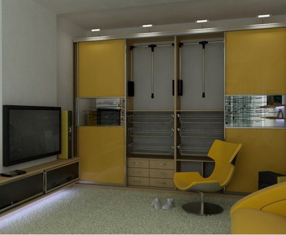 Встроенный шкаф-купе в желтой цветовой гамме с функциональным наполнением
